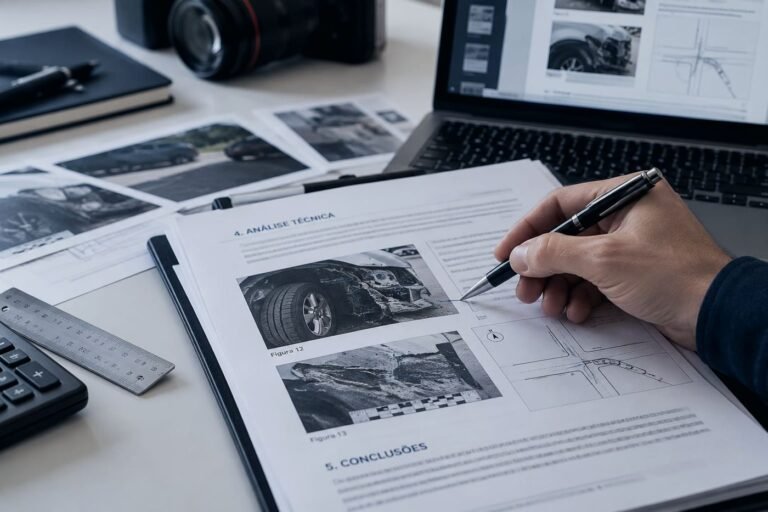Engenheiro anotando laudo técnico com fotos do veículo avariado e croqui do cruzamento